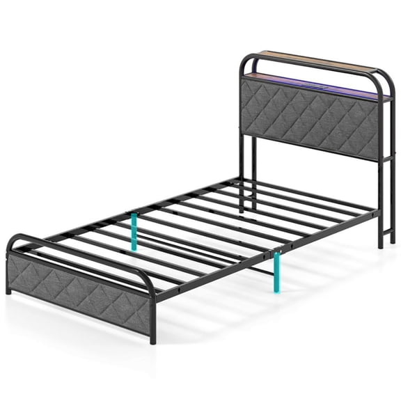 YYAo Bed Frame,Bedroom Bed Frame,Twin/Full/Queen Size Bed Frame with LED Lights and Charging Station-Twin Size