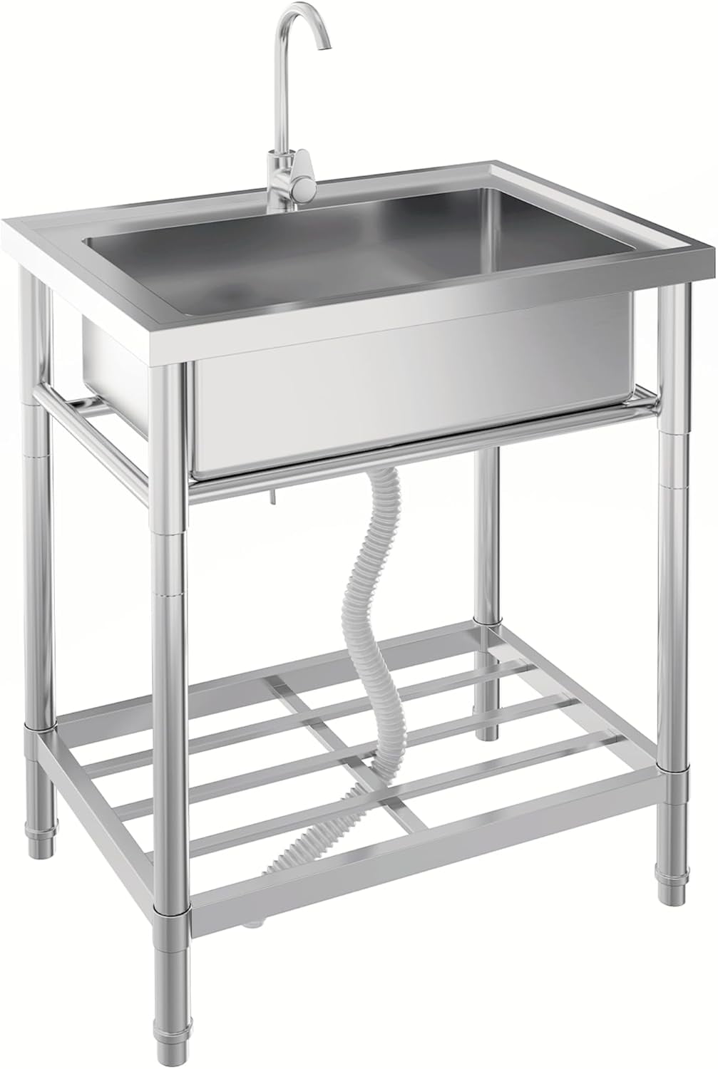 Acekid Stainless Steel Free-Standing Utility Sink Single Bowl Freestanding Laundry Sink with Faucet Drainboard Storage Hot Cold Water Plumbing for Restaurant Workshop