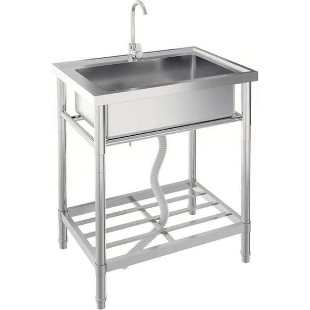 Fregadero Utilitario de Acero Inoxidable Independiente de Tazón Único con Grifo, Tabla de Desagüe y Estante de Almacenamiento para Restaurante o Taller
