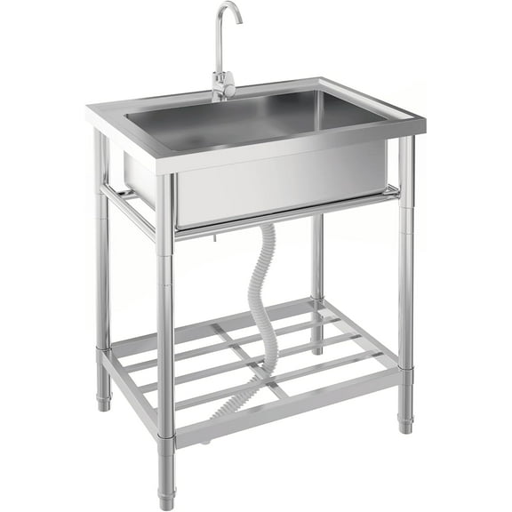 EastVita Stainless Steel Free-Standing Single Bowl Utility Laundry Sink with Faucet, Drainboard, Storage and Hot/Cold Water Plumbing for Restaurant, Workshop