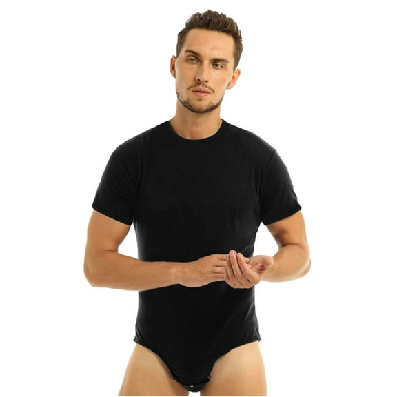 Dyfzdhu Bodysuit Tops for Men Short Sleeve Round Neck Connected Button Breathable Home Pajamas Onesies Black