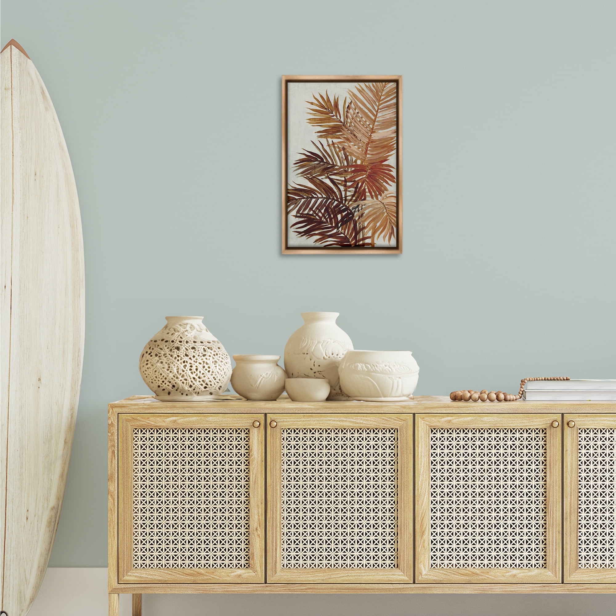 Stupell Industries Natural Palm Leaves Plants & Flowers Painting Brown Floater Framed Canvas Art Print Wall Art, 17 x 25