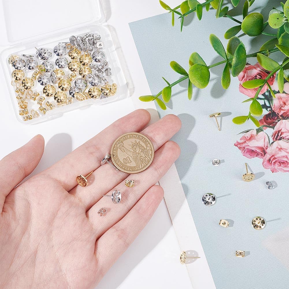20 Pairs 2 Colors Earrings Posts Sieve Flat Round Earring Pin Studs with Butterfly Earring Backs for DIY Earring Making Supplies Platinum/Golden Brass