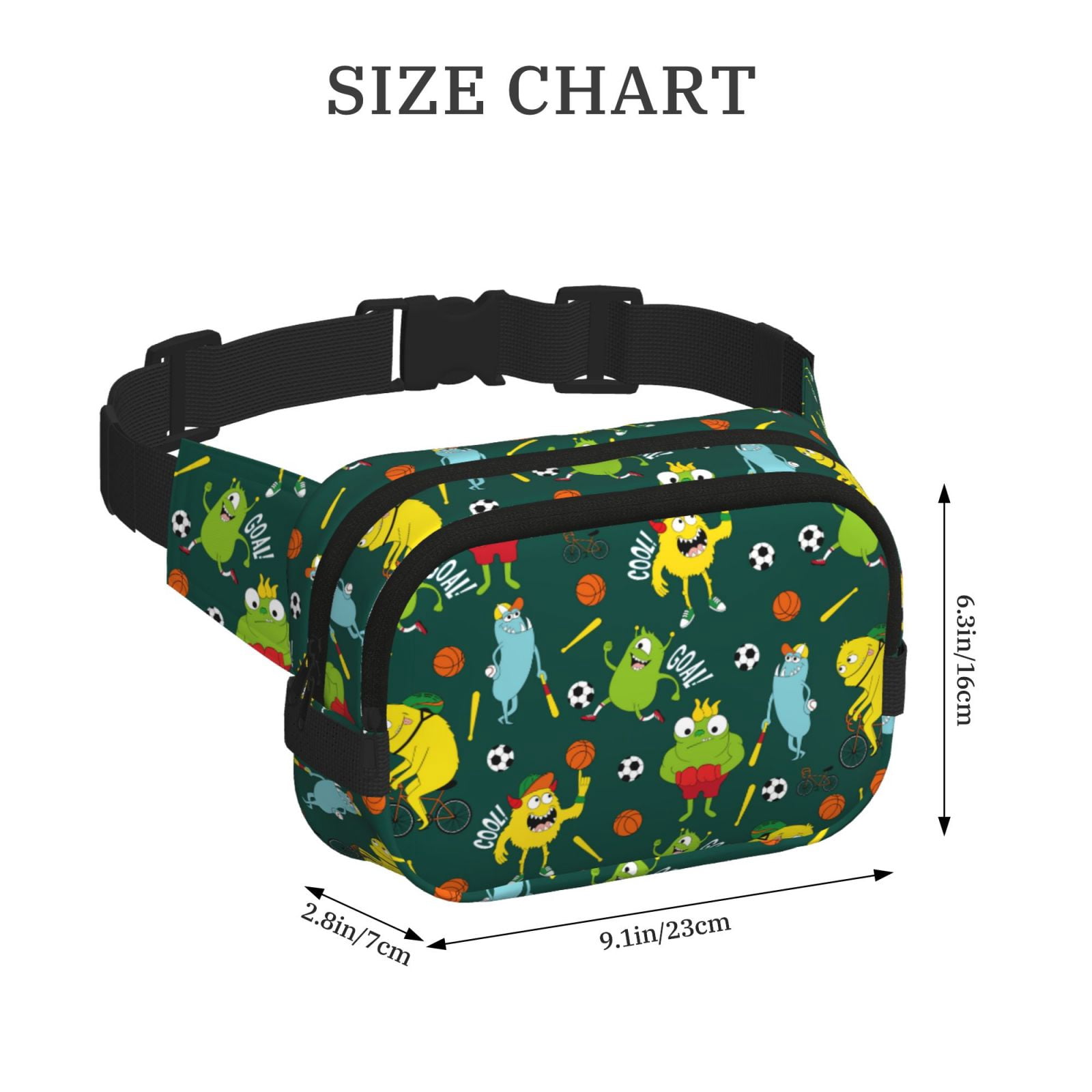 Picia Sport Monster Print Square Double-Layer Waist Bag Mini Adjustable Waist Belt Bag Exercise Running Travel Hiking