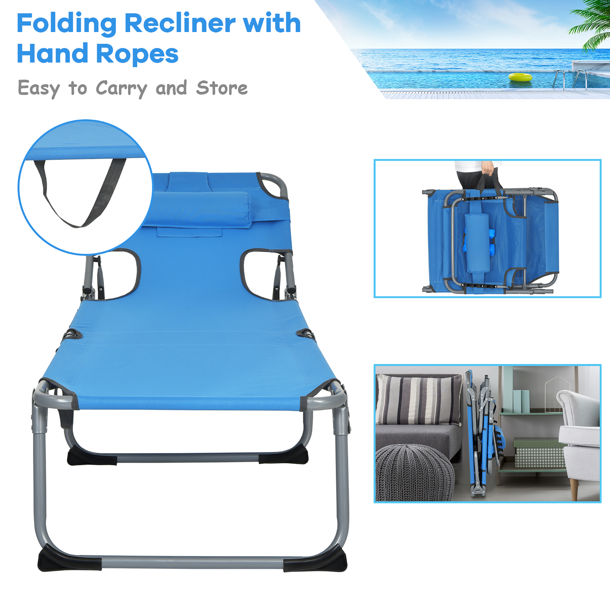 Goplus Outdoor Beach Lounge Chair Folding Chaise Lounge with Pillow Blue - image 5 of 8