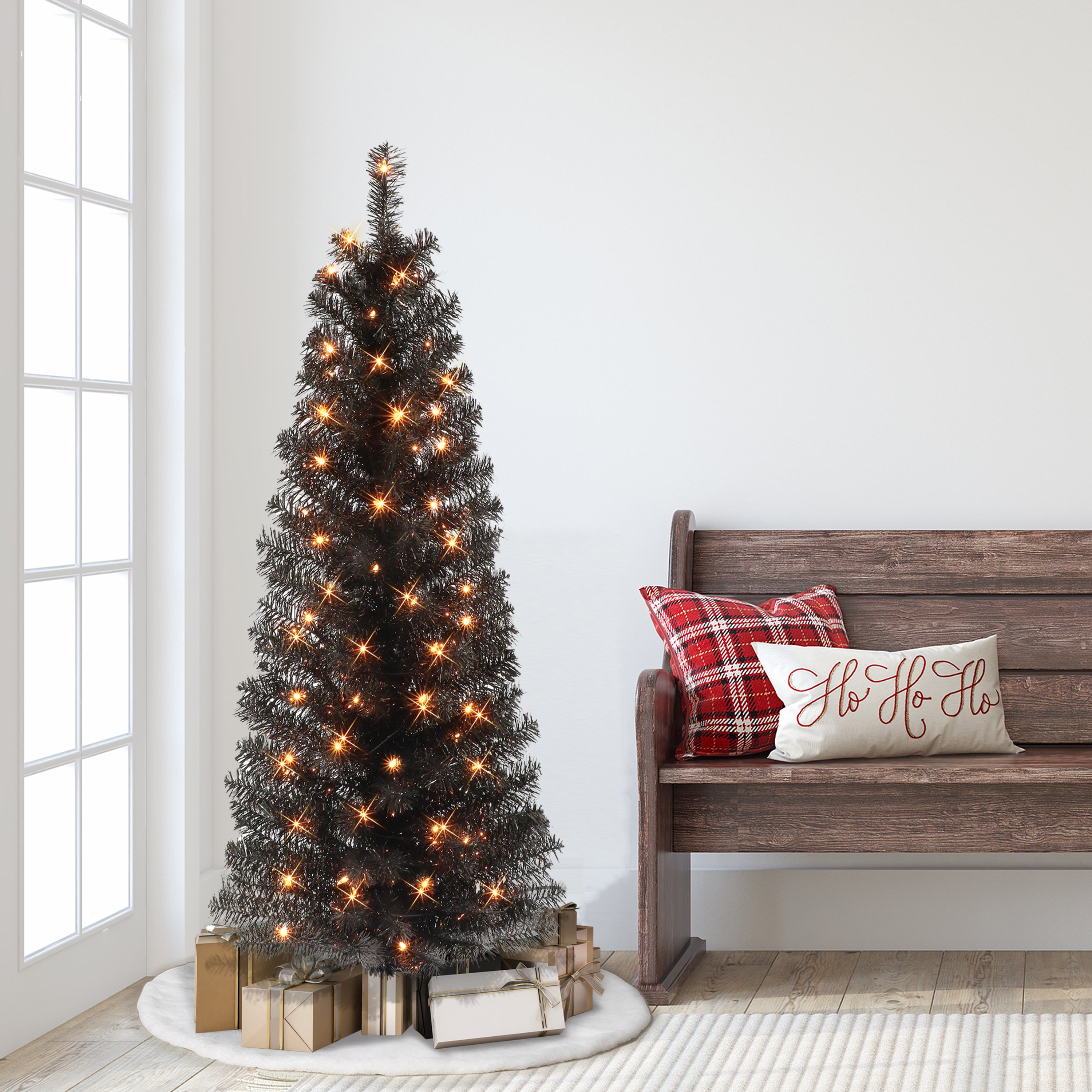 4.5 ft Pre-lit Black Tinsel Tree 160 Tips 70 UL Clear Lights Stand included