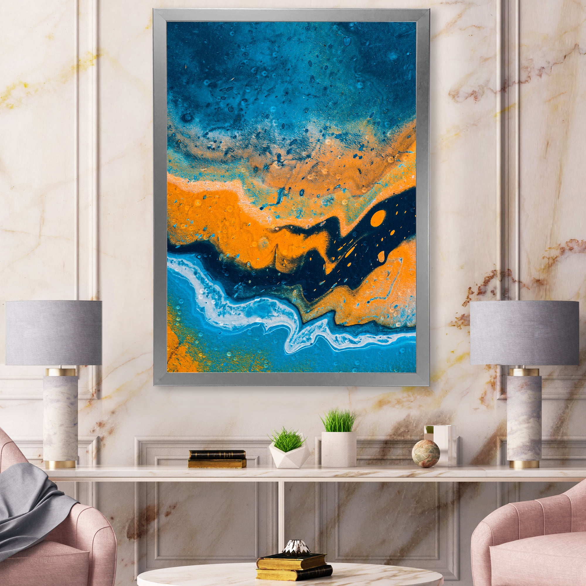 Designart 'Abstract Marble Composition In Orange and Blue IV' Modern Framed Art Print