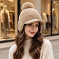 thumbnail image 4 of Fleece Beanie Hats with Earflaps Visor Brim Winter Knit Ski Cap Winter Hats for Women Pom Pom Ball Khaki One Size, 4 of 5