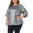 thumbnail image 4 of Agnes Orinda Women's Plus Size Metallic Sparkly Tops Crew Neck 3/4 Sleeve Shirts Casual Patry Tunic Blouses 3X Silver, 4 of 6