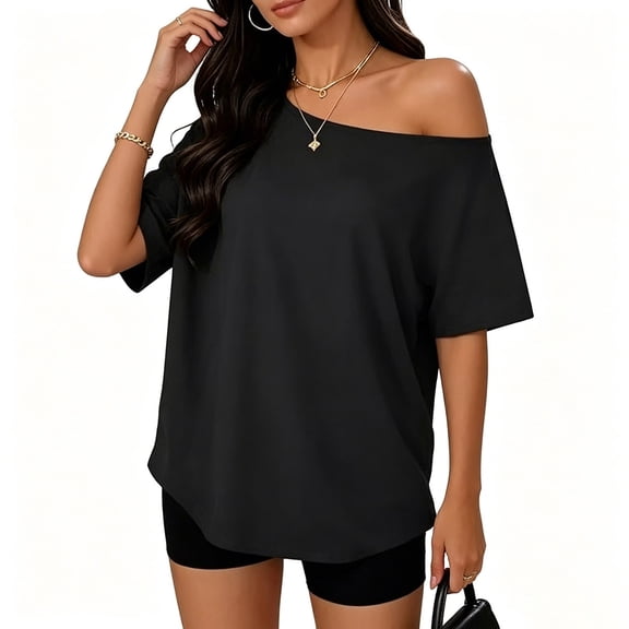 Seffadzy Womens Oversized T-Shirts Short Sleeve Off The Shoulder Loose Fit Tops Casual Summer Daily Workout Yoga Shirts