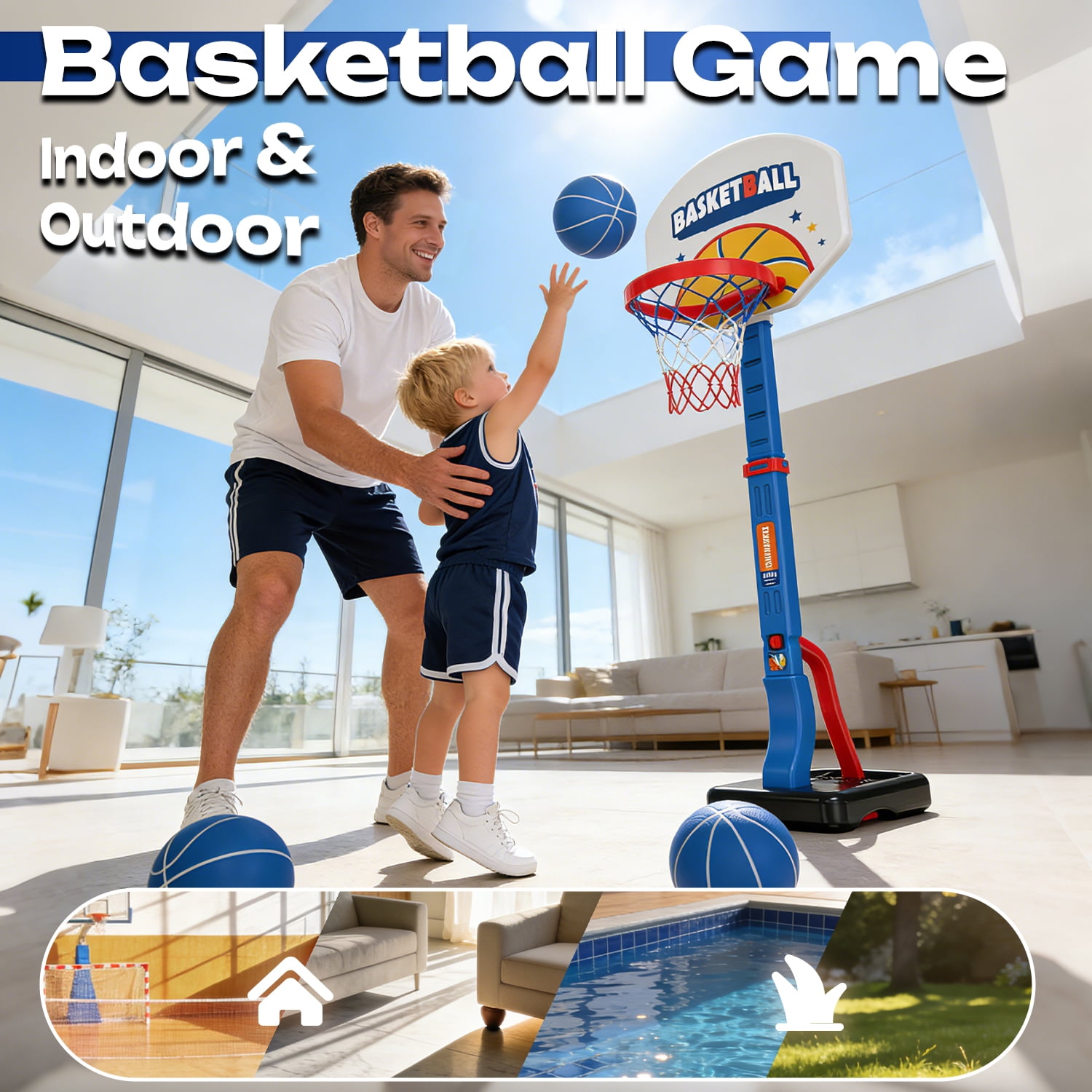 JoyStone   2 in 1 Kids Basketball Hoop, Toddler Basketball Hoop Indoor Mini Adjustable Poolside Basketball Goals with Ball Pump for Boys Girls Outdoor Toys, Blue