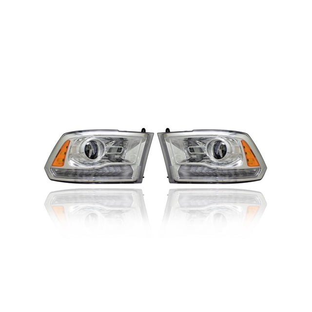 Headlight - Compatible/Replacement for '16-22 RAM Pickup 1500/Classic, 16-18 2500/3500 - Halogen, Projector Chrome Interior - Pair, Left Driver + Right Passenger Set - 68324940AD, 68324941AD