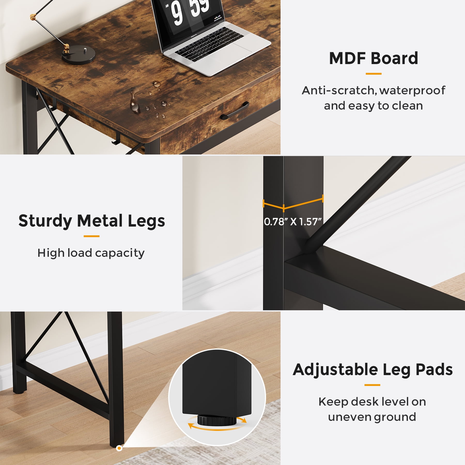 Condemo 78.7 inch Extra Long Computer Desk, Double Desk with 3 Drawers, Two Person Desk with Hooks, Industrial Writing Study Table Workstation for Home Office, Rustic Brown and Black