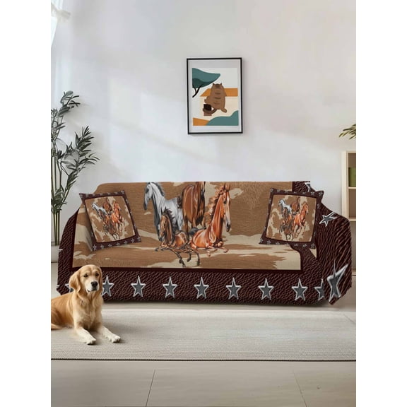 Brown Retro Horse Couch Cover Sofa Covers 3 Cushion Sectional Couch, Vintage Western Stars Country Washable Sofa Covers Slipcover Sectional Sofa Cover, Furniture Protector 71"x150"