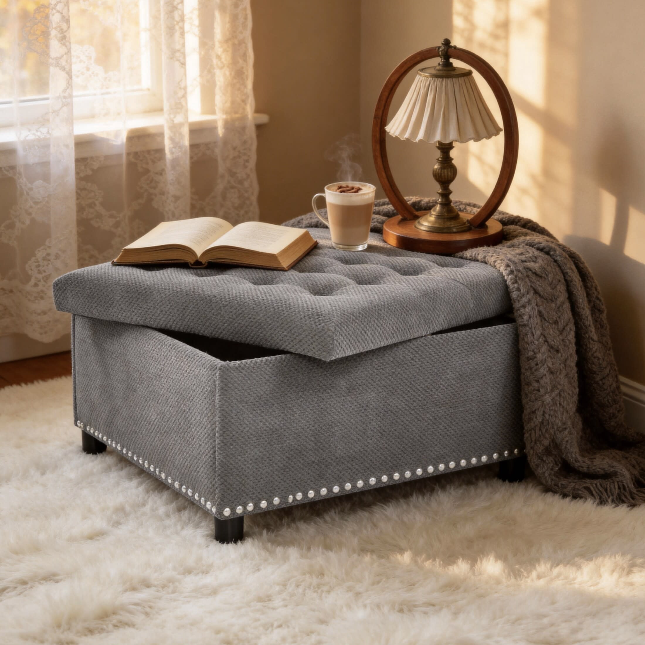 Noble House 30" Square Storage Ottoman with Tufted Top, Nailhead Trim, Light Gray