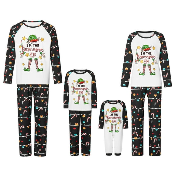 Elippeo Family Matching Christmas Pajamas, Letter  Elf Print Long-Sleeved Round Neck Tops   Candy Cane Pattern Trousers Sleepwear