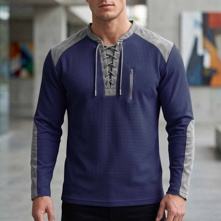dress shirts with reinforced elbows LODIENY Men's Lace Up Waffle Long Sleeve Shirts Zipper Pocket Henley Color  Block Shirt with Reinforced Shoulders and Elbows White XXXL