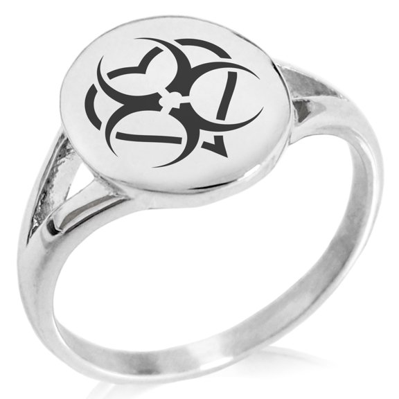 Stainless Steel Biohazard Love Heart Minimalist Oval Top Polished Statement Signet Ring