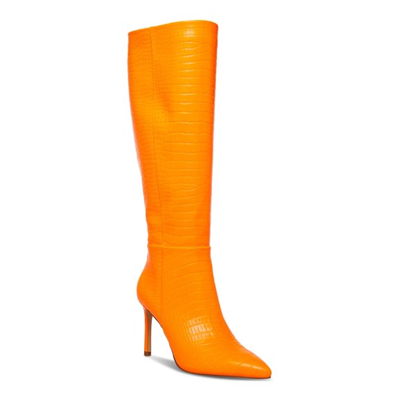 MADDEN GIRL Womens Orange Croco-Embossed Padded Chantelle Pointed Toe Stiletto Zip-Up Dress Boots 8 M