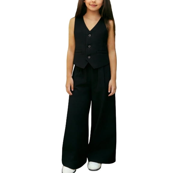 Owordtank Girls 2 Piece Outfits Summer Sleeveless Suit Vest Wide Leg Pants Business Work Casual Blazer Sets