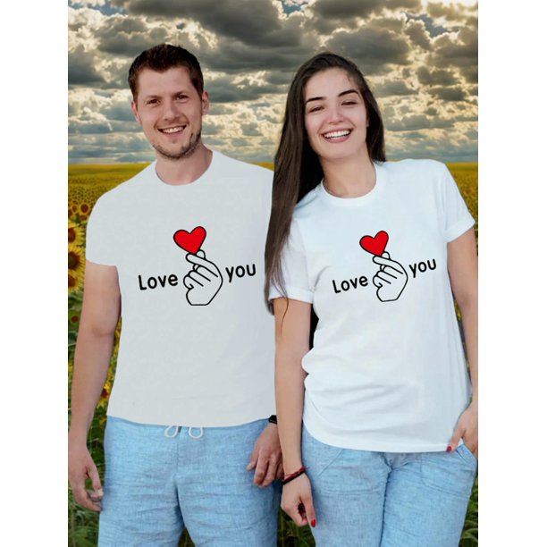 1pc Unisex Polyester Crew Neck T-Shirt with Heart Pattern - Casual Knit Fabric, Medium Stretch, All-Season Love You Design, Ideal for Couples Gift Tee For Adult, Men, Women, Teen, Teenager, Adolescen