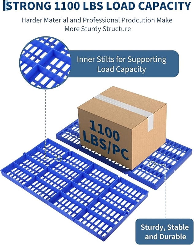 Plastic Pallet, Splicable Floor Pallets, 1100 Lbs Capacity per Pc, Water-Proof, Breathable Grid Ventilation 6 Pcs Pallets for Daily,Workshop,Garage, Market Use(11.8X 23.6X 1.18 inches)
