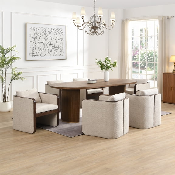 Christopher Knight Home Modern Dining Set for 6, Double Pedestal Table with Upholstered Armchairs, Walnut Almond