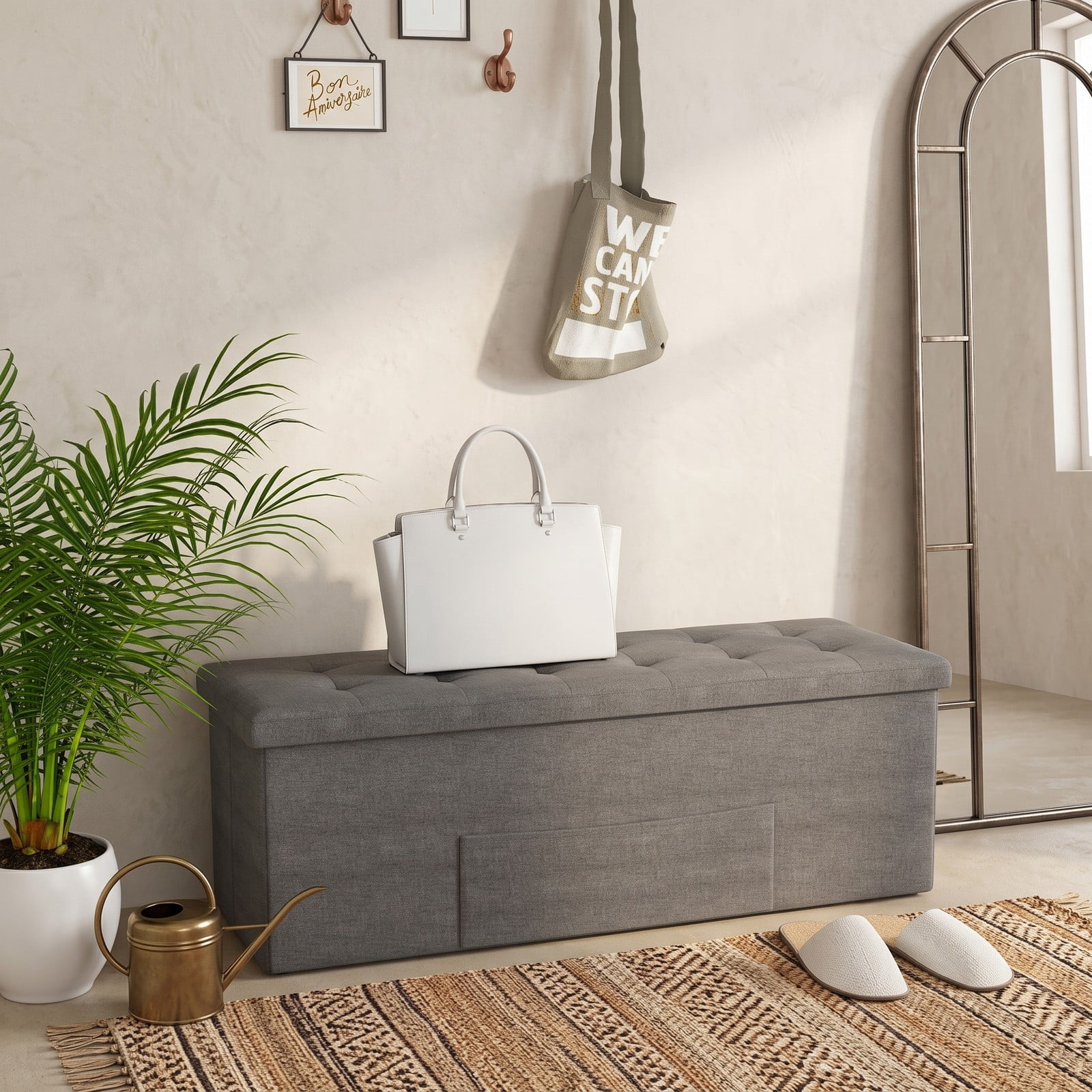 Furnibear 43 Inch Folding Linen Storage Ottoman Bench with Padded Seat and Divider for Living Room, Bedroom and Entryway, Dark Gray