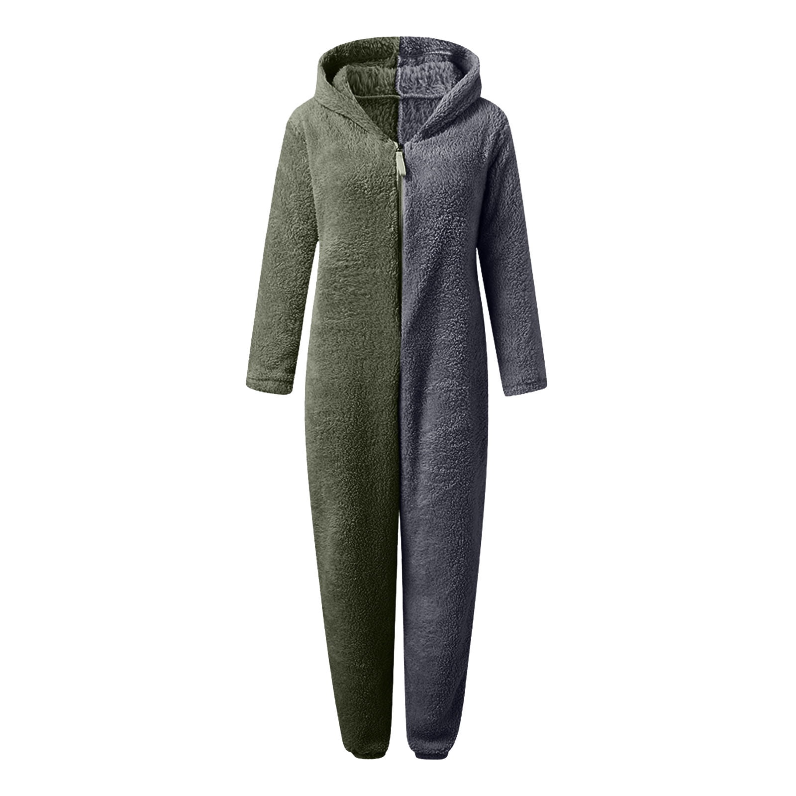 JURANMO Womens Winter Warm Hooded Fleece Sherpa Jumpsuits,2024 Women Long Sleeve Trendy Contrast Color Patchwork Full Zip Jumpsuit Pajamas with Two Cute Ears Casual Plus Size Rompe Sleepwear