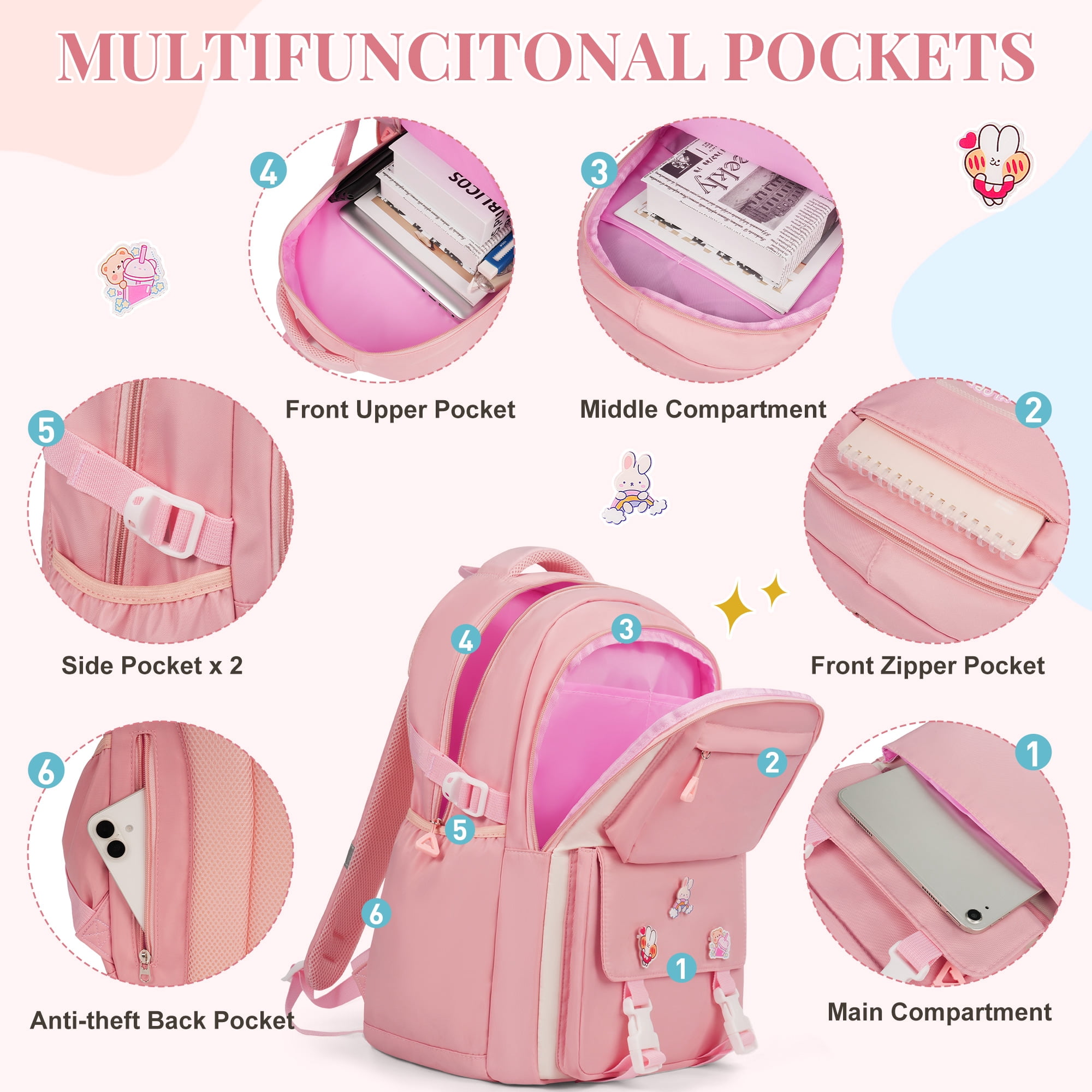 DAKIMOE Kids Backpack School Backpacks for College Cute Girl Middle High School Bookbag Large Capacity Lightweight Waterproof Daypack for Teens Students