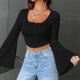 thumbnail image 6 of Annhoo Crop Tops for Women Long Flare Sleeve Scoop Neck T Shirts Fall Fashion Textures Going out Blouse Tees, 6 of 9