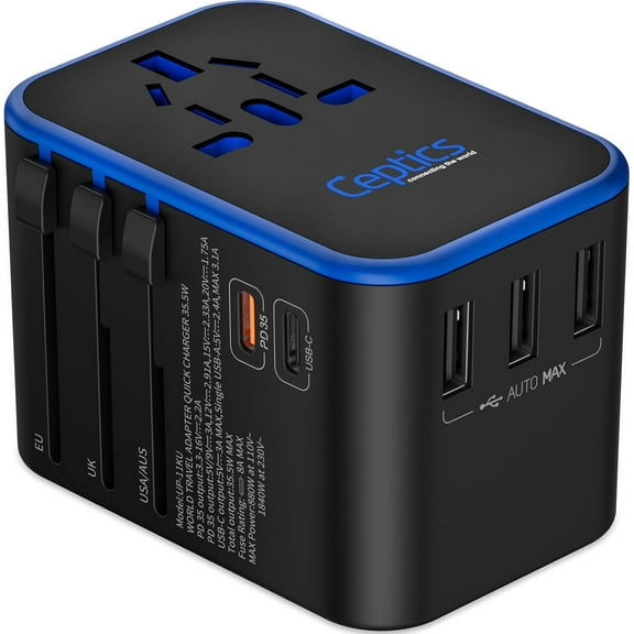 Universal Travel Adapter, 35W International Power Adapter with PD & QC 3.0 Dual USB-C, 3 USB Travel Adapter Worldwide, Type I C G A Outlets 110V 220V A/C - EU Euro US UK (11-KU)