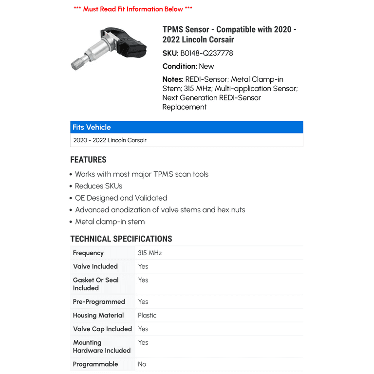 TPMS Sensor - Compatible with 2020 - 2022 Lincoln Corsair