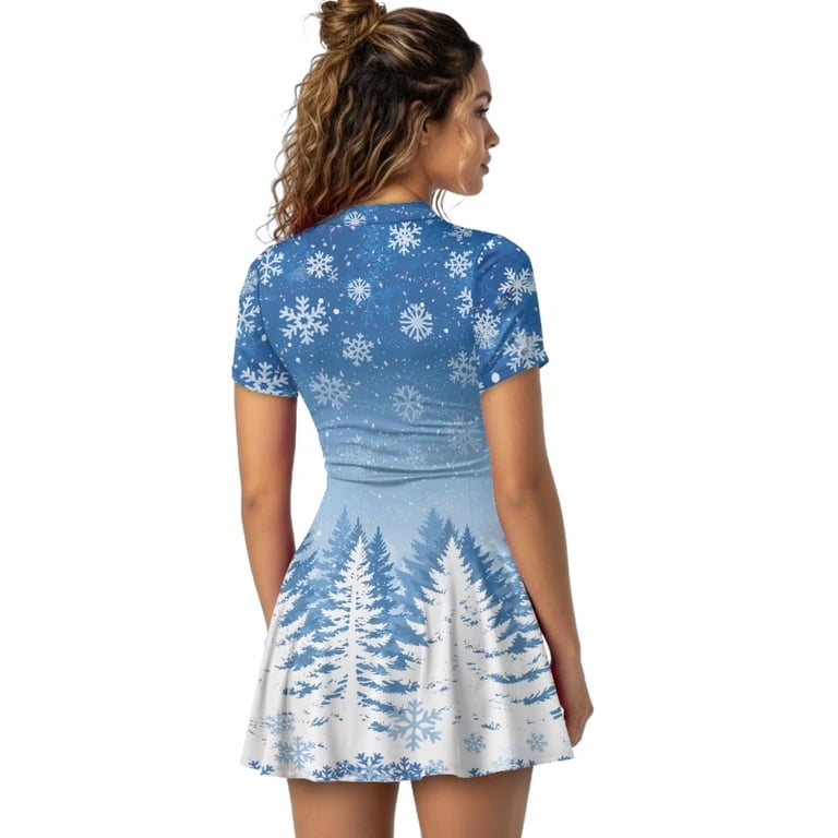 Psesaysky Blue Snowflake Tree Women Tennis Dress with Shorts Golf Athletic Workout Dress for Women with Collar Quick Dry Sports Dresses Christmas