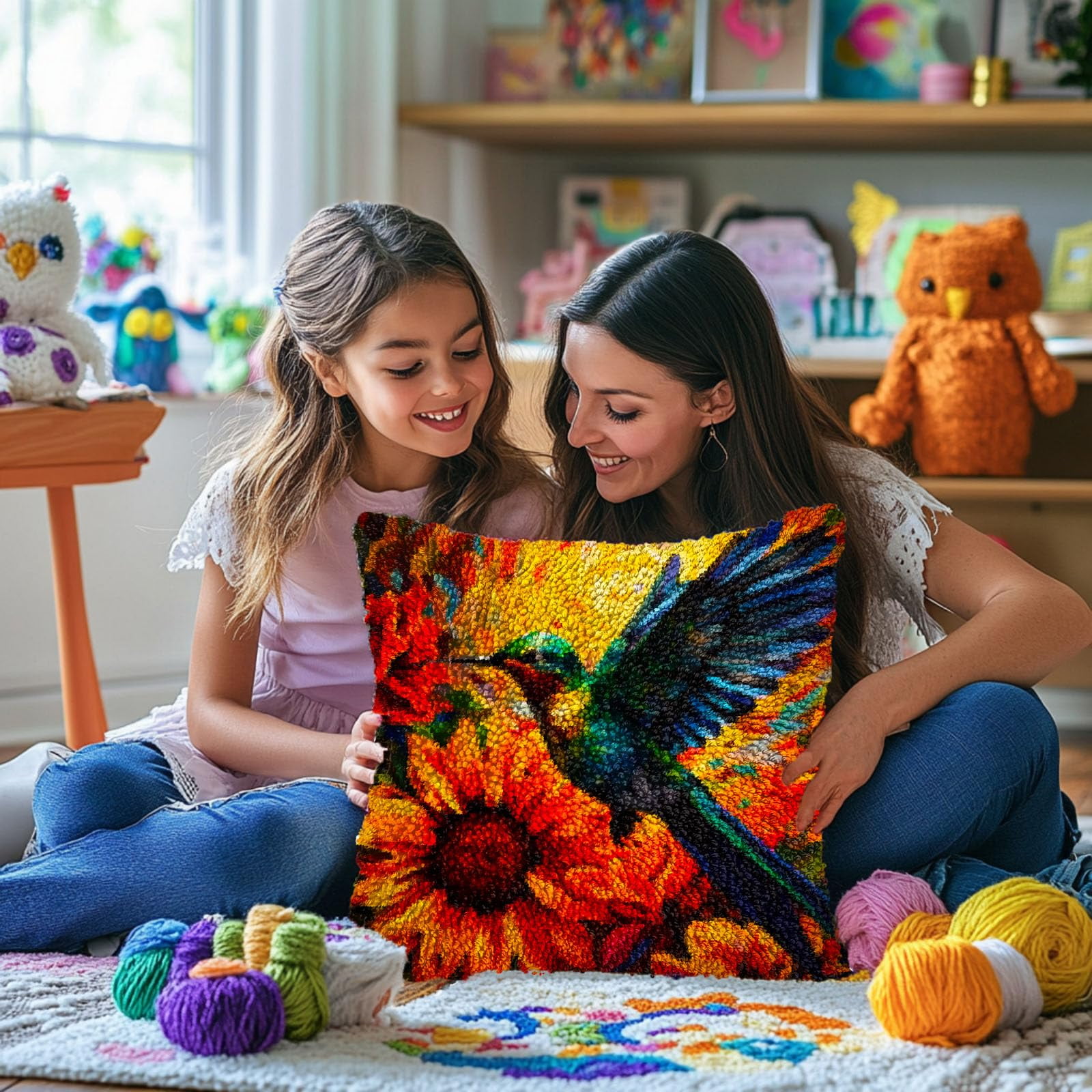 Hummingbird Sunset Sunflowers DIY Latch Hook Pillow Kits for Adults Printed Pillowcase Crochet Yarns Hooking Handmade Pillow Cover Cushion for Home Sofa Decoration 17x17inch(1)