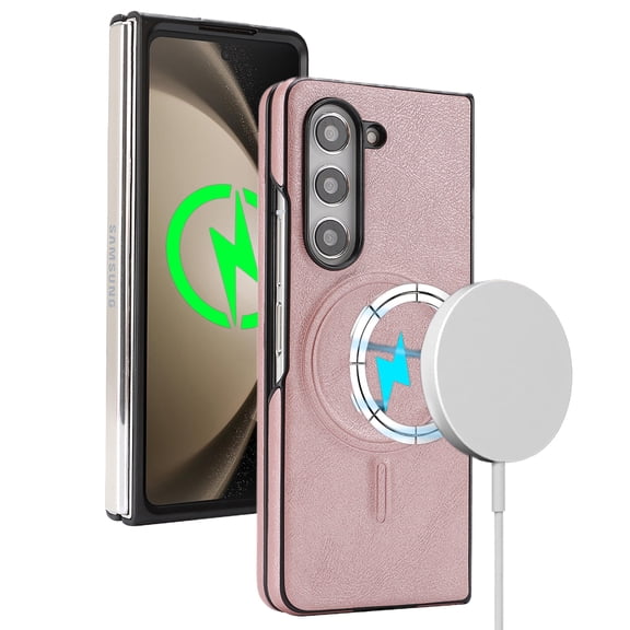 Magnetic Case for Samsung Galaxy Z Fold 7, Wireless Charging, Magnetic Car Mount Support, PU Leather Slim Flexible Bumper Protective Cover Skin-Feel Microfiber for Samsung Galaxy Z Fold 7, Rosegold