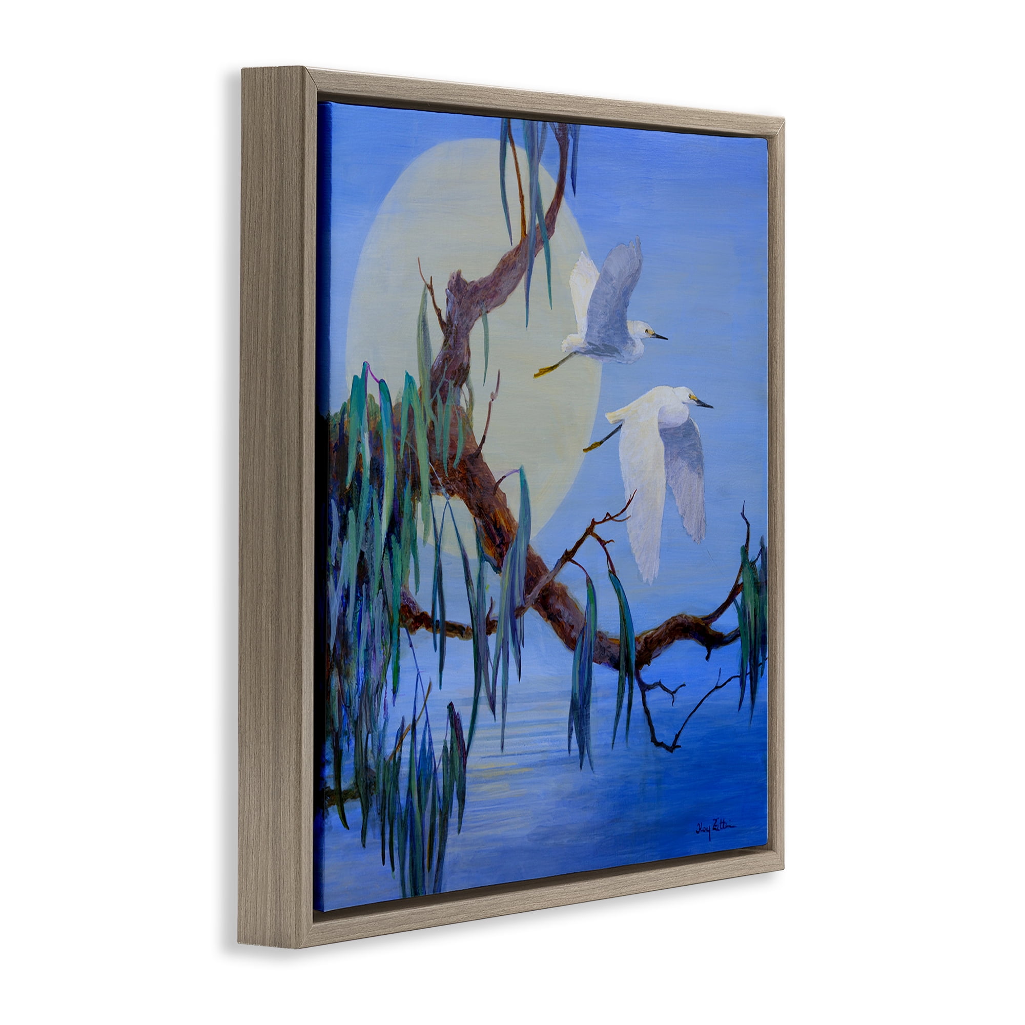 Stupell Industries Shining Moon & Birds Birds Painting Brown Floater Framed Canvas Art Print Wall Art, 25 x 25