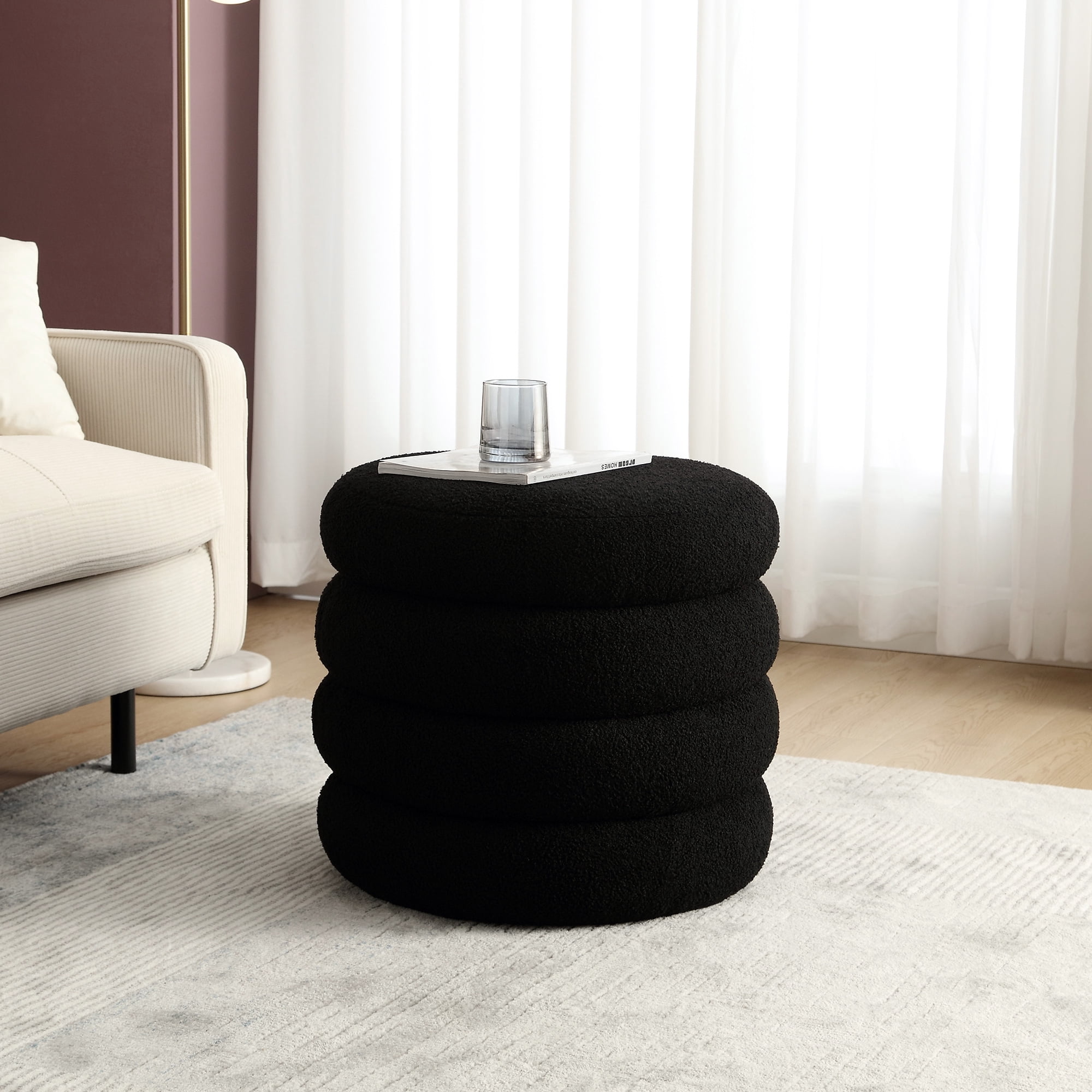 Zesthouse 19.5" Wide Round Boucle Storage Ottoman, Tufted Sherpa Ottoman Footstool for Living Room Bedroom, Black