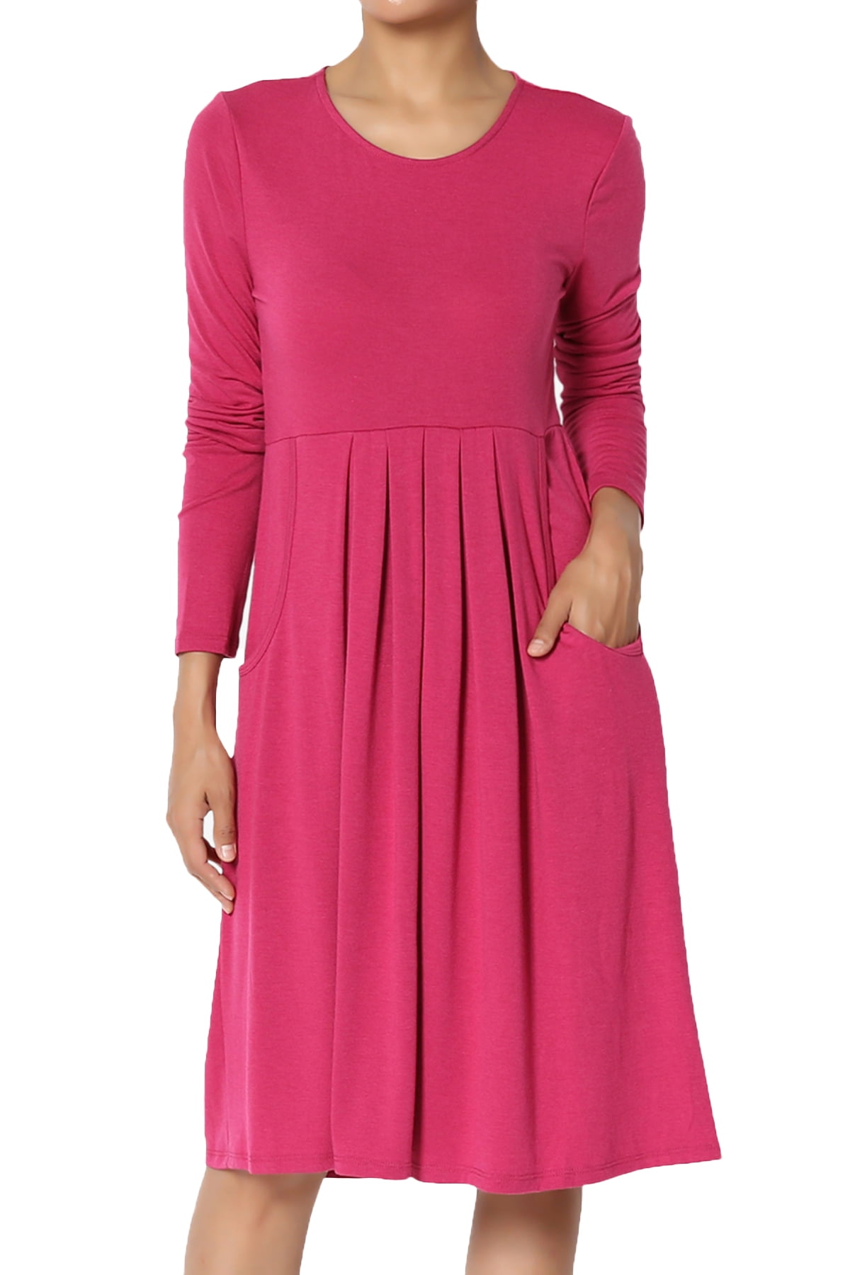 TheMogan Women's PLUS Long Sleeve Stretch Jersey Pleated Waist Babydoll