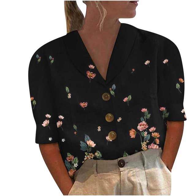 Blusa con botones sueltos con estampado de cuello en V informal de manga media para mujer OAVQHLG3B Store lin121212