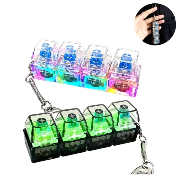 2 Pcs Keyboard Fidget Keychain with LED Lights, 4-in-1 Stress Relief Clicker Toy, Keyboard Button Finger Clicker for Anxiety Relief for Office Home