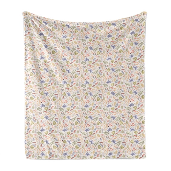 Botanical Soft Flannel Fleece Throw Blanket, Berry Pastel Spring Growth Herbs Leaves Botanical Floral Foliage, Cozy Plush for Indoor and Outdoor Use, 50" x 70", Eggshell and Multicolor, by Ambesonne