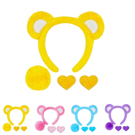 LSQii Headband for Women Men Cute Plush Bear Ear Hoop Fuzzy Headwear with Furry Tail Set Solid Color Pink Party Festival Family Outfit,Under $3