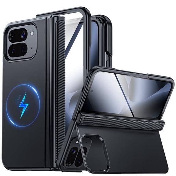 Vizvera for Google Pixel 10 Pro Fold Case with Kickstand,Screen Protector,Wireless Charging,Slim Shockproof,Hinge Protection Phone Case-Black