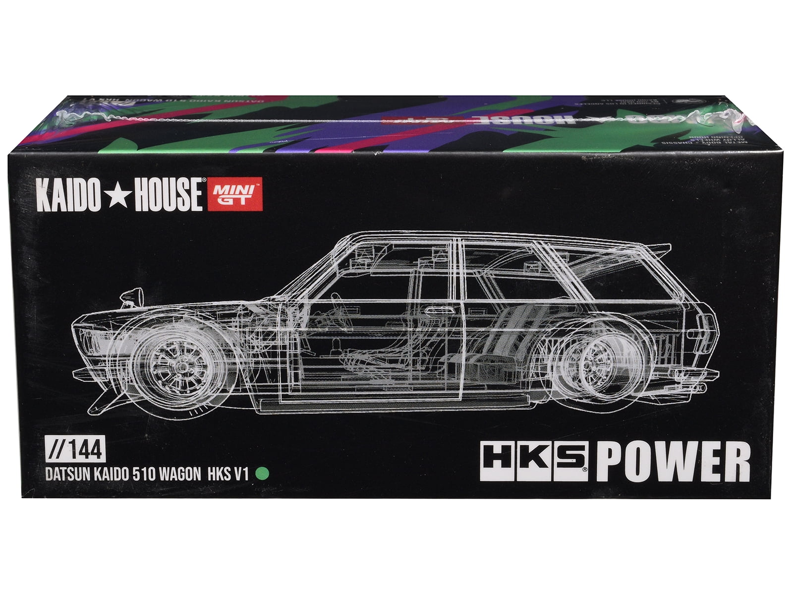 Datsun 510 Wagon RHD "HKS V1" Black with Graphics (Designed by Jun Imai) "Kaido House" Special 1/64 Diecast Model Car by Mini GT