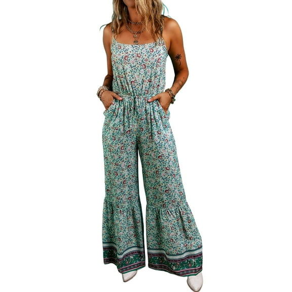 Women's Green Bohemian Floral Ruffle Bottom Spaghetti Strap Jumpsuit for Summer - [ZhiHiMeRi] | (US 12-14)L