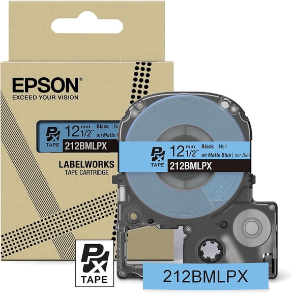 Epson LABELWORKS 212BMLPX - Black on Matte Blue PET Label Maker Tape - 1/2" (12MM) Wide, 26'