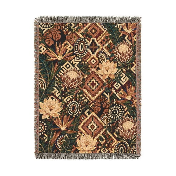 Earth Tone Botanical Geometric Woven Blanket, 100% Cotton, Bohemian Style for Living Room or Bedroom