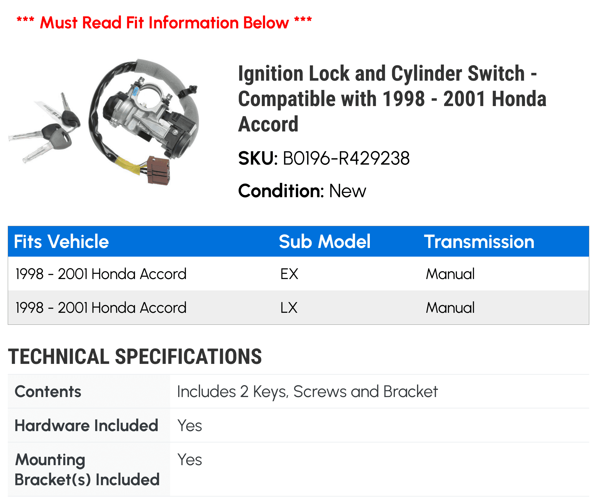 Ignition Lock and Cylinder Switch - Compatible with 1998 - 2001 Honda Accord 1999 2000