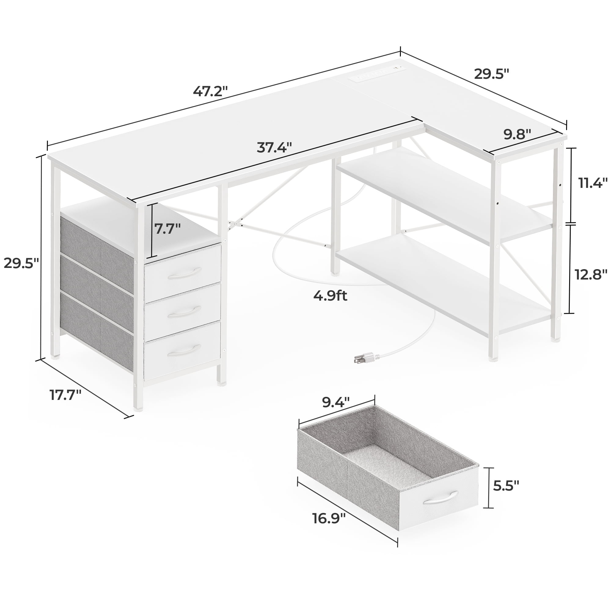 47 Inch L Shaped Office Desk with Power Outlets, Computer Desk with Drawers, Corner Desk for Home Office